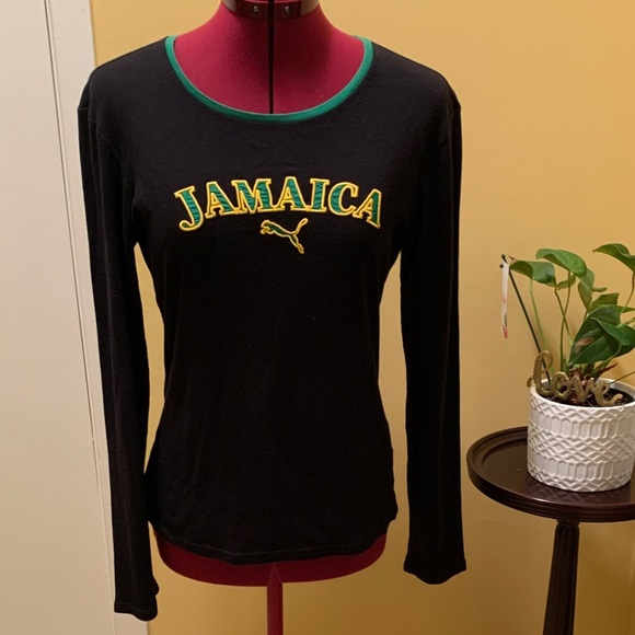 Puma Women's Black Long Sleeve Top with Green and Yellow Jamaica Accents - Picture 1 of 11
